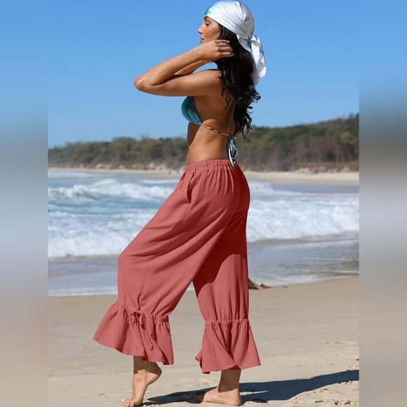 Linen Wide Leg Palazzo Pants Ruffle Hem | Size Large | NWT - Picture 2 of 4